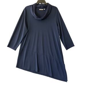Susan Graver Navy Asymmetrical Tunic Top L Turtleneck Premier